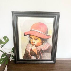 Peruvian Girl w Red Hat Watercolor Original Art Framed Portrait in Frame 14x17